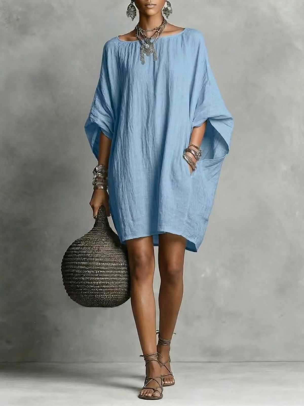 Women's Spring/Summer Casual Fashion Faux Cotton Linen Batwing Dress Thin Thickened Regular Size for Ages 16-45_ecoleips.com