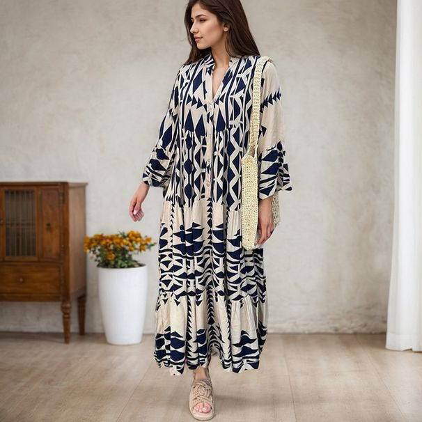 Vintage Geometric Print Dresses Fashion V-neck Long Sleeve Single Breasted Half Placket Pleated Stitching Large Hem Beach Dress_ecoleips.com