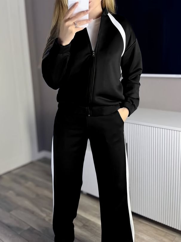 Women's Style Autumn Winter Color Block Fleece Lined Coat High Waist Trousers Two Piece Set Best Selling_ecoleips.com