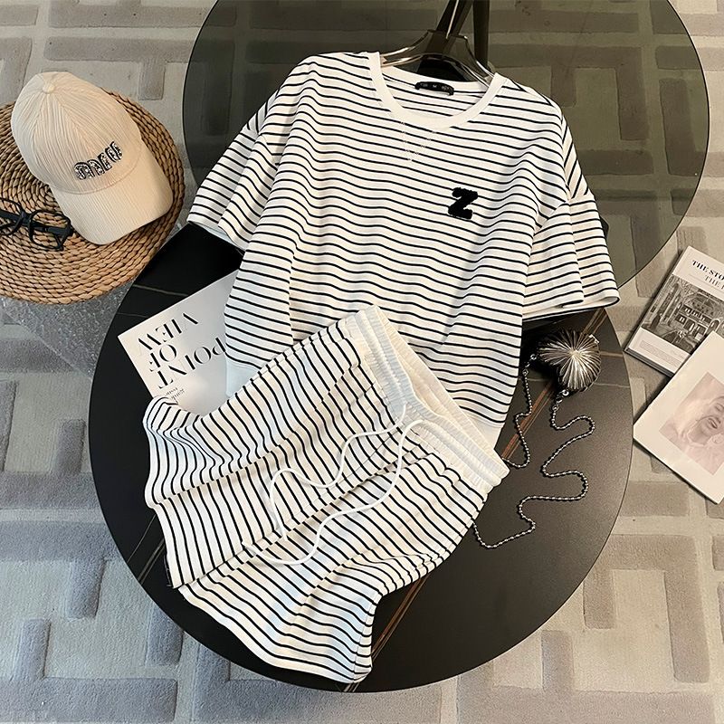 Summer Embroidered Towel Loose Striped Shorts Suit Female Fashion Sports Suit Female_ecoleips.com