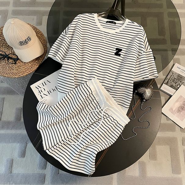 Summer Embroidered Towel Loose Striped Shorts Suit Female Fashion Sports Suit Female_ecoleips.com