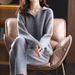 Korean Style Loose Collar Knit Set for Women Casual Simple Sweater And Wide Leg Pants Two Piece Outfit_ecoleips.com