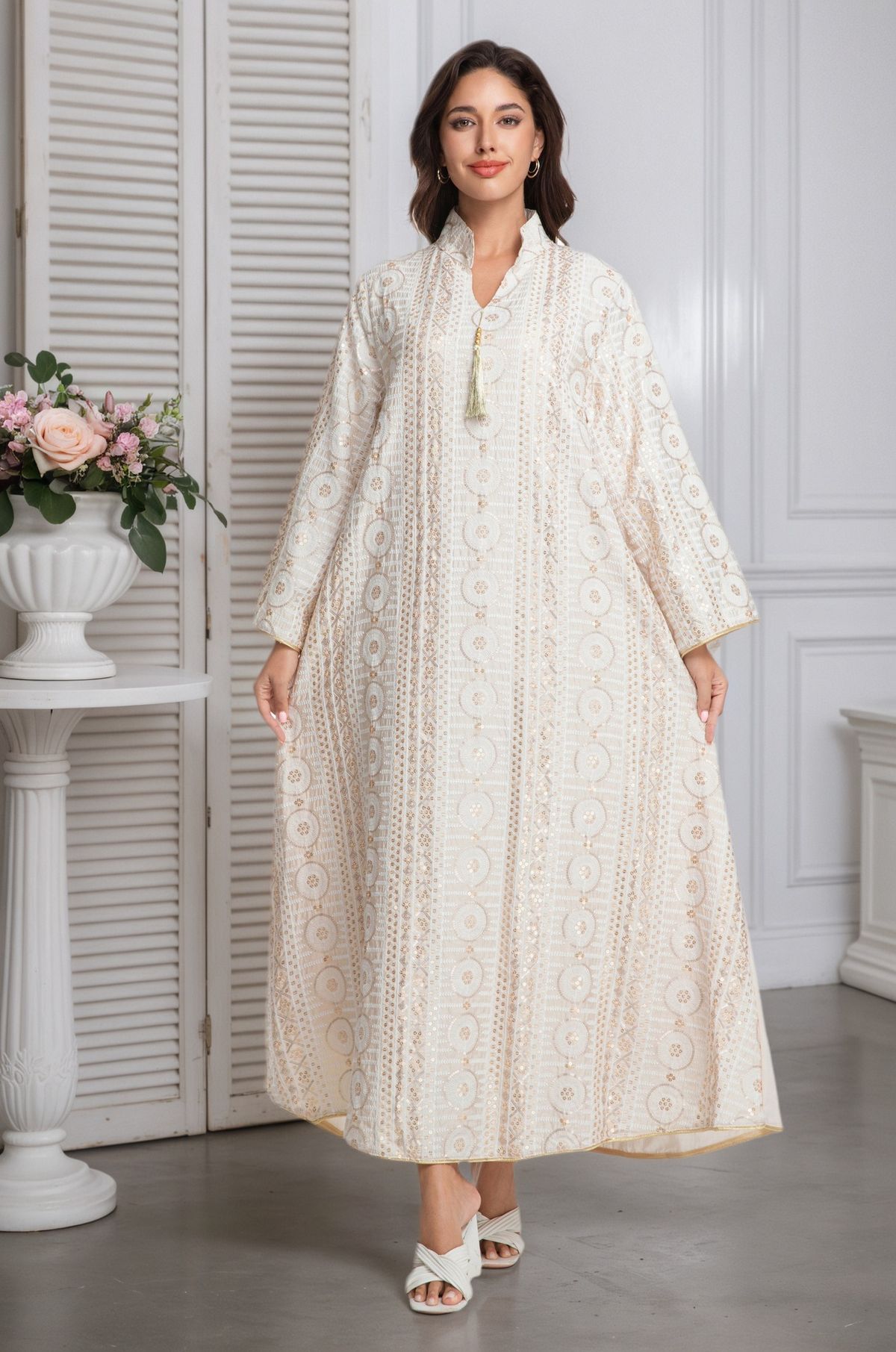 Glamorous Dress – Sparkling Embroidered Abaya For Women – Saudi Arabian Dubai Evening Gown (Sky Blue, Mint Green, Beige, S-XXL)_ecoleips.com