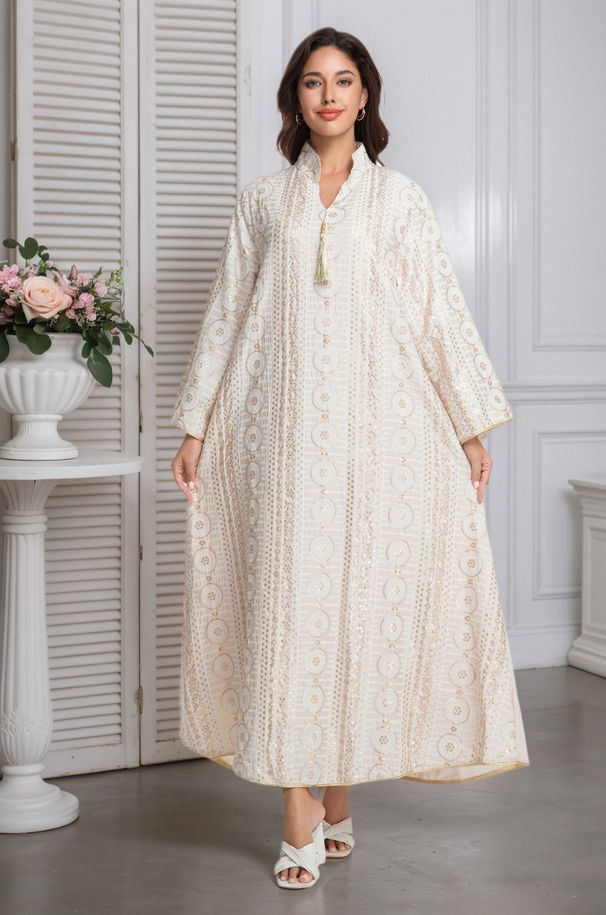 Glamorous Dress – Sparkling Embroidered Abaya For Women – Saudi Arabian Dubai Evening Gown (Sky Blue, Mint Green, Beige, S-XXL)_ecoleips.com