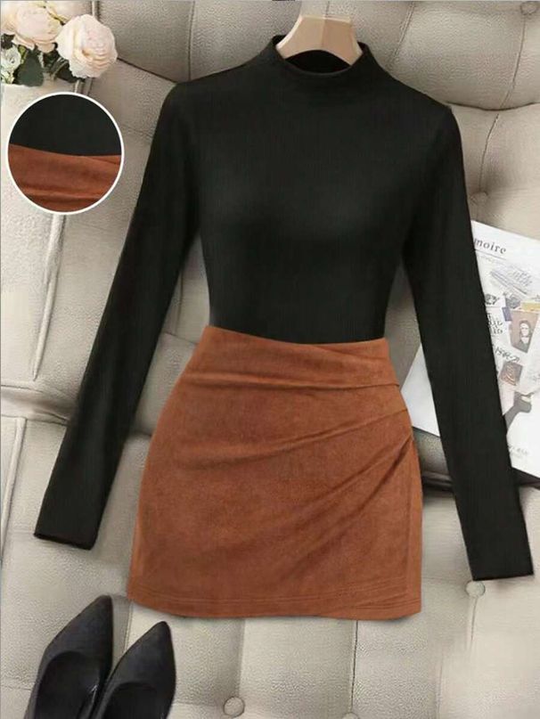 2-piece Autumn Women's Solid Color High-neck Long-sleeve T-shirt And Pleated Short Skirt Casual Two-piece Set, Suitable_ecoleips.com