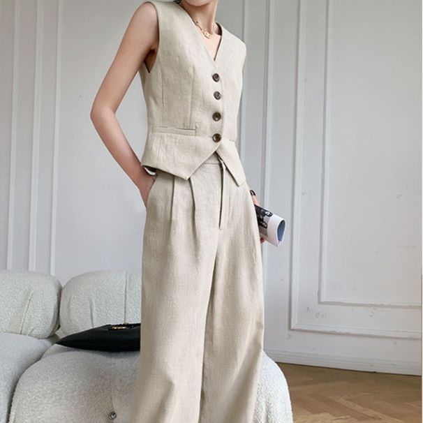 Fashionable And Casual Two-piece Suit For Women In Summer New Korean Style Casual Sleeveless Vest Top Suit Wide-leg Pants Suit_ecoleips.com