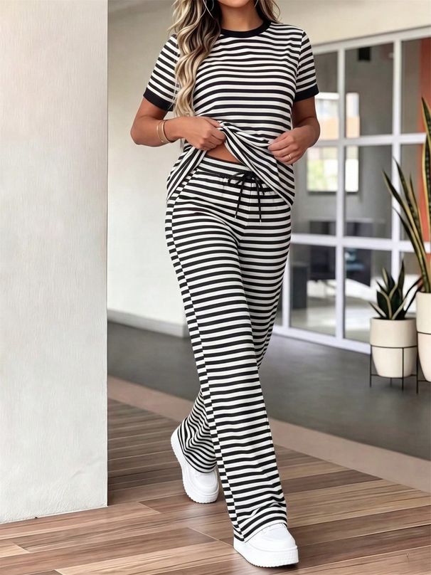 Women's Spring Summer Two Piece Set Striped Round Neck Short Sleeve Top And Drawstring Loose Straight Leg Pants_ecoleips.com