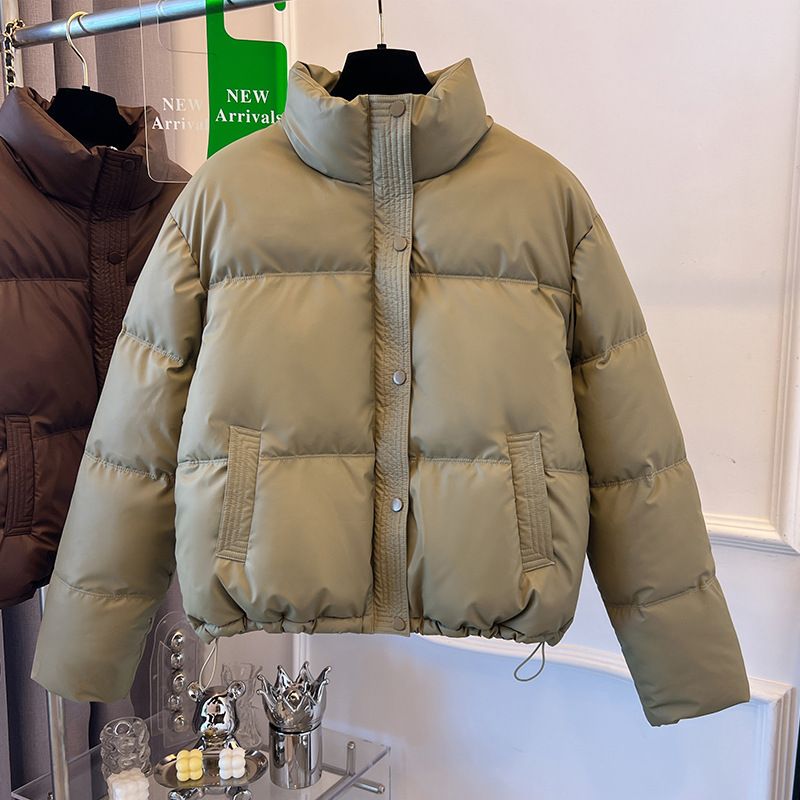 "Women's PU Leather Puffer Jacket Winter Short Stand Collar Thickened Slim Fit Coat With Pockets For Casual & Office Wear (Black/Green/Brown/Cream)"_ecoleips.com