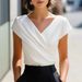 2026 European And American Temperament Elegant White V-neck Short-sleeved Slim-fitting Bag-sleeved Women's Top_ecoleips.com