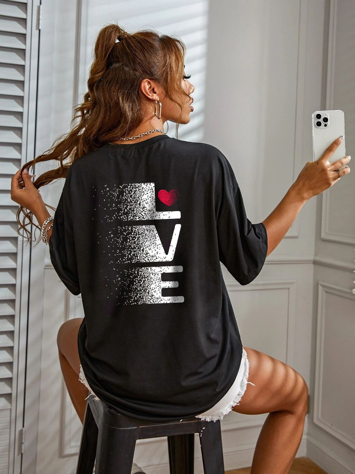 Women's Casual Black T-Shirt round Neck Short Sleeve Loose Fit Sports Top with Letter Print Back European American Style Summer_ecoleips.com