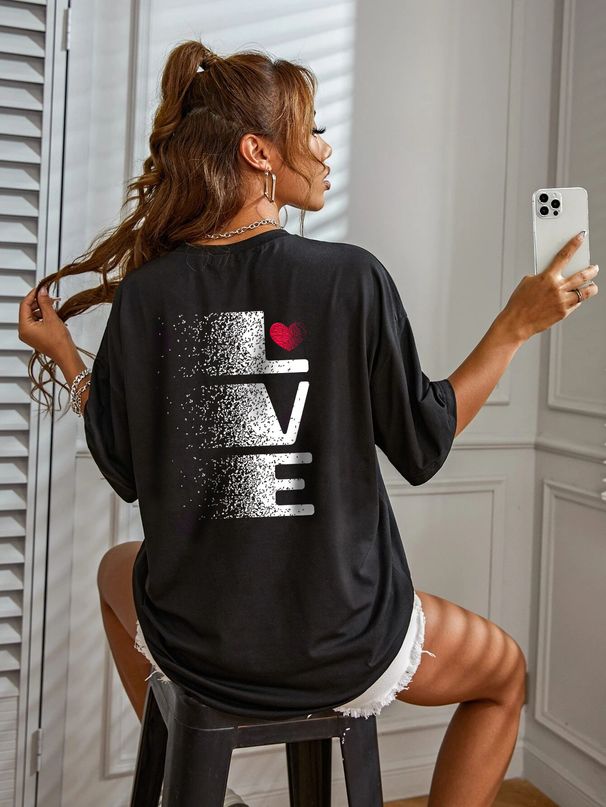 Women's Casual Black T-Shirt round Neck Short Sleeve Loose Fit Sports Top with Letter Print Back European American Style Summer_ecoleips.com