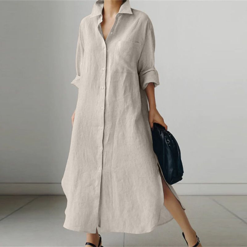 Women's Clothing Spring And Autumn Solid Color Long Sleeve Split Dress_ecoleips.com