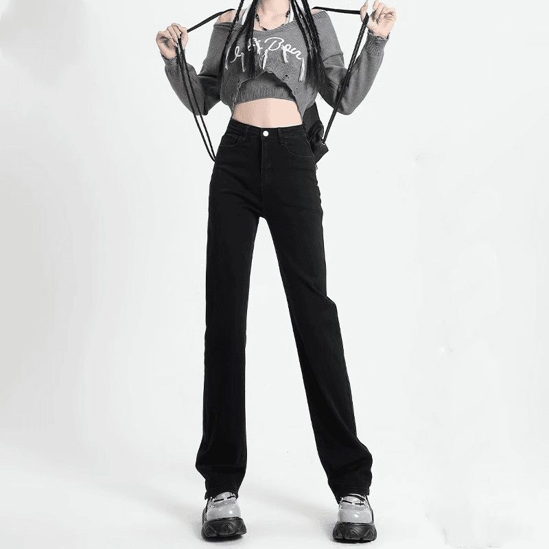 Black Slim-fit Straight-leg Jeans Women, 2025 New Autumn High-waisted Slimming Wide-leg Cigarette Pants For Pear-shaped_ecoleips.com