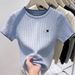 Women's Summer Knitted T-Shirt Short Sleeve Round Neck Embroidered Shoulder Block Base Layer Top_ecoleips.com