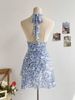 2026 European And American New Blue Floral Dress Fashion Temperament Casual Sweet Mesh Slim Skirt_ecoleips.com