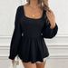 Voya Women's Hot Selling Sexy Square Neck With Waist Closing, Popular Fried Dough Twists Texture Long Sleeve Top_ecoleips.com