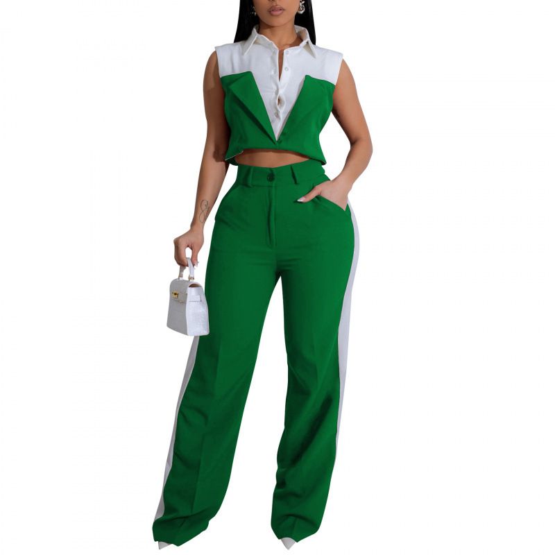 European And American Style Women's Sleeveless Shirt Suit AL307 Faux Two Piece Set OL Summer Clothing for Ladies_ecoleips.com