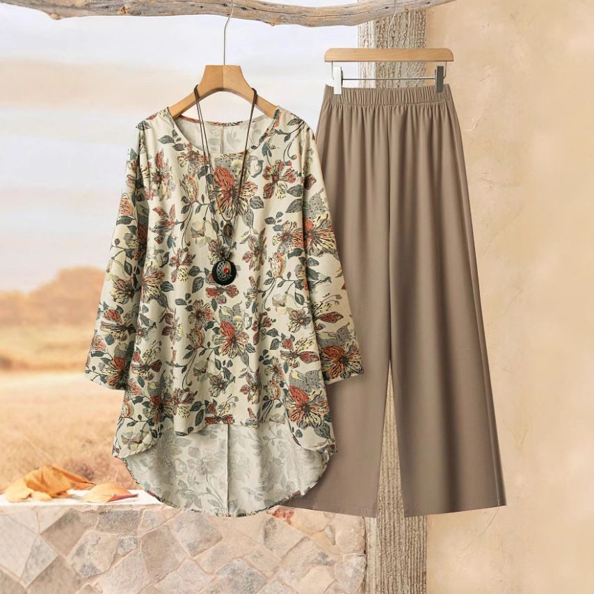Women's Three Quarter Sleeve Printed Jacket And Shirt Set Round Neck Spring Autumn Fashion Cross Border E-commerce Style For Europe And America_ecoleips.com