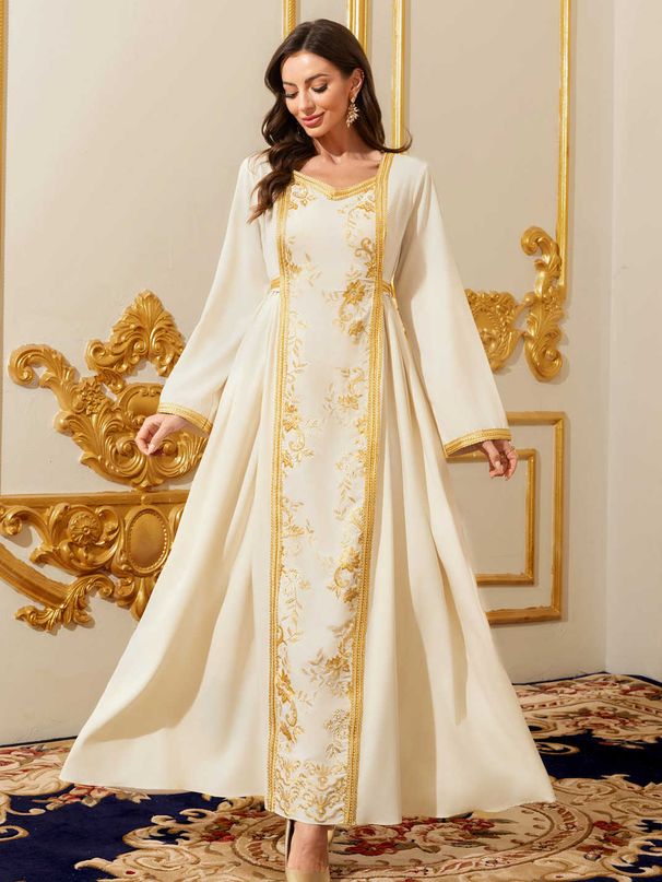 Modest Abaya Dress Elegant Embroidered Abaya Dress – Modest Long Sleeve Maxi Gown With Floral Lace Trim_ecoleips.com