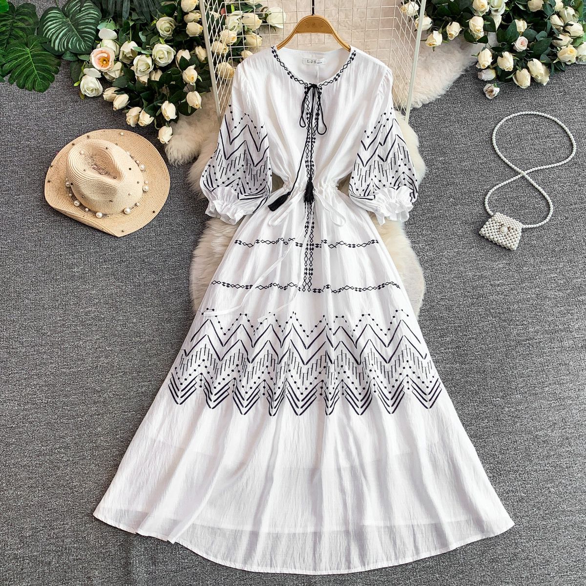 Women's Bohemian Style Embroidered Dress Three Quarter Sleeve Tie Waist Slimming over the Knee Long Skirt Summer Style_ecoleips.com