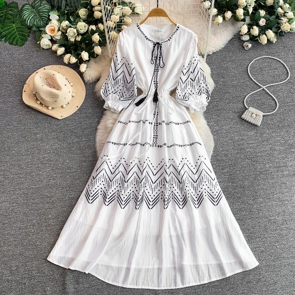 Women's Bohemian Style Embroidered Dress Three Quarter Sleeve Tie Waist Slimming over the Knee Long Skirt Summer Style_ecoleips.com