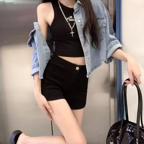 High Waist Versatile Denim Shorts For Women 2025 Summer A-Line Slim Fit Sexy Black Stretch Tight Hot Pants_ecoleips.com