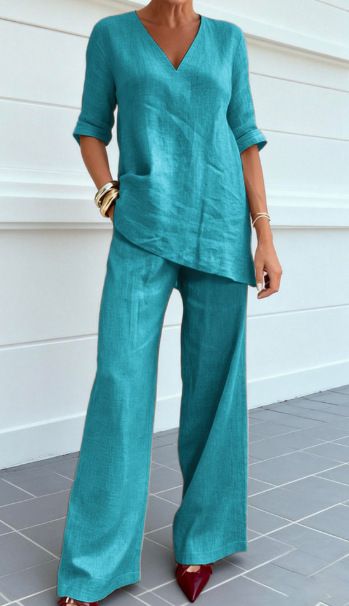 Women's Elegant Casual Two Piece Set European And American Style Solid Color Cotton And Linen Blend Cross Border Fashion_ecoleips.com