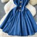 Women's Clothing Sleeveless Vest Denim Skirt Waist Slimming Heavy Beaded Single-breasted Pleated Dress_ecoleips.com