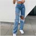 's New Blue Cotton Jeans For Women With Butterfly Print, Washed And Distressed, High-waisted Wide-leg Pants_ecoleips.com
