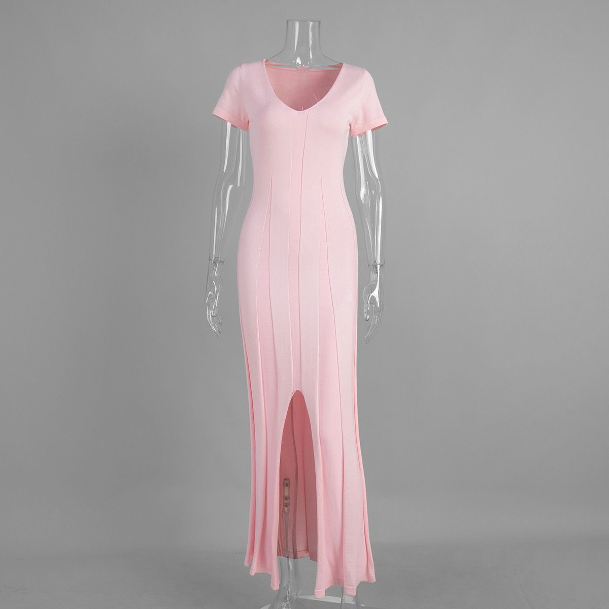 Women's Clothing Spring/Summer V Neck Slit Long Dress Style Short Sleeved Knitted Slim Fit For Women For Formal & Casual_ecoleips.com