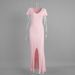 Women's Clothing Spring/Summer V Neck Slit Long Dress Style Short Sleeved Knitted Slim Fit For Women For Formal & Casual_ecoleips.com