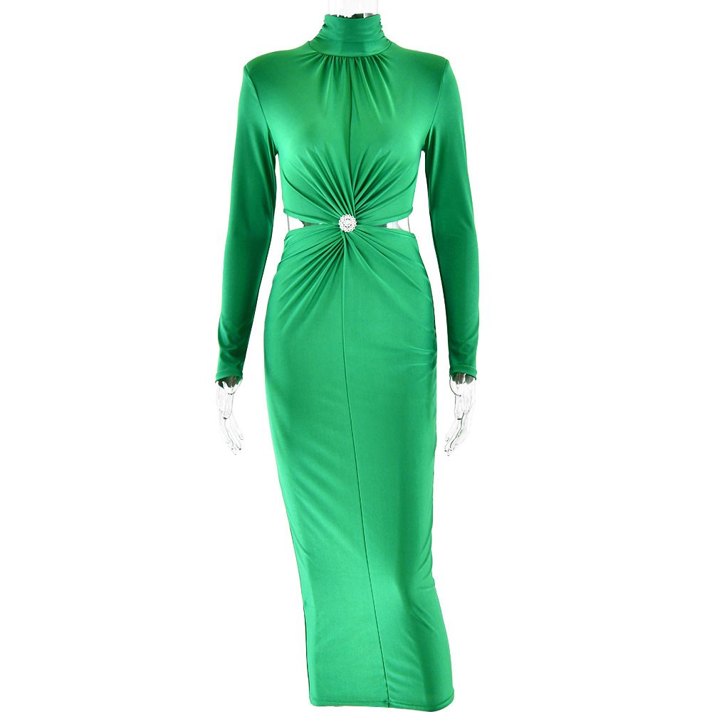 Women's Turtleneck Long Sleeve Patchwork Dress Sexy Elegant Open Back Ruched Maxi Dress_ecoleips.com
