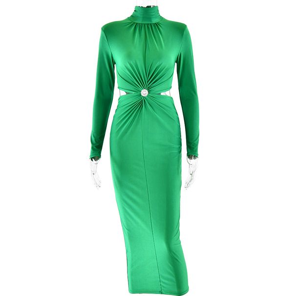 Women's Turtleneck Long Sleeve Patchwork Dress Sexy Elegant Open Back Ruched Maxi Dress_ecoleips.com