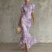 French Retro Chiffon Maxi Dress Elegant Sophisticated Summer Style High Neck Puff Sleeves Slim Waist Fishtail Hem Vacation Dress_ecoleips.com