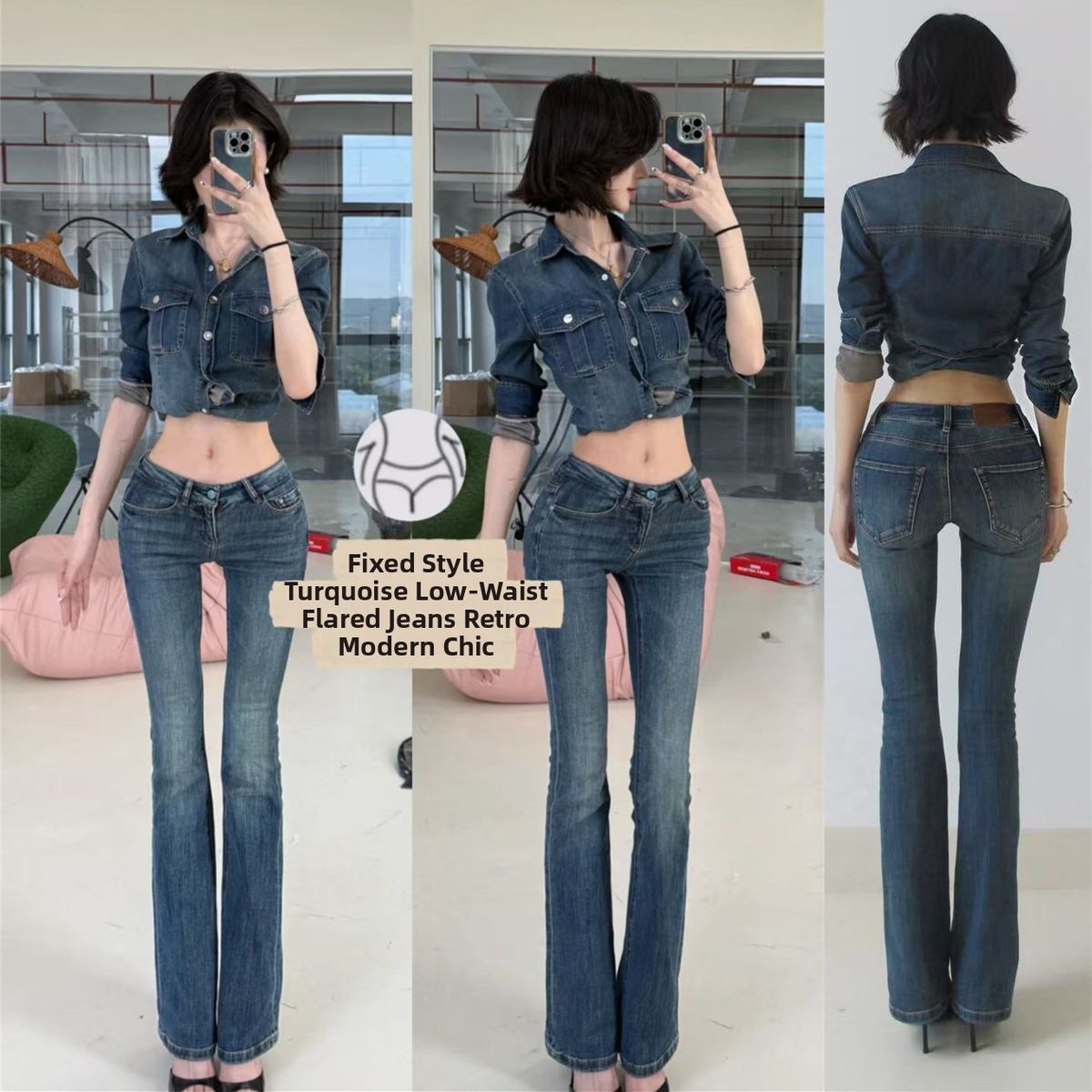 Retro Wide Leg Flared Jeans Blue Low Waisted Slim Fit Washed Distressed Floor Length Trousers for Women Autumn Style_ecoleips.com