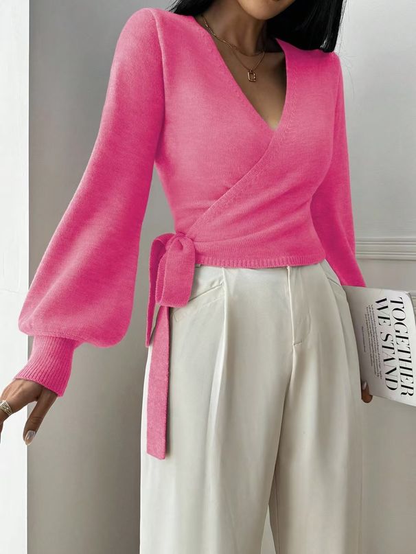 Women's V-Neck Wool Blend Sweater Top - Elegant Cross Strap Design, Winter Pullover For Casual & Office Wear_ecoleips.com