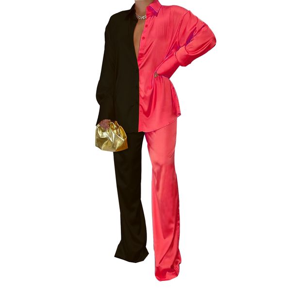 Women's Clothing Fashion Satin Color Matching Loose Button Elastic Pants Casual Women's Suit_ecoleips.com