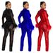 Women’s Clothing fashion women's solid color mesh feather long sleeved trousers two piece set_ecoleips.com