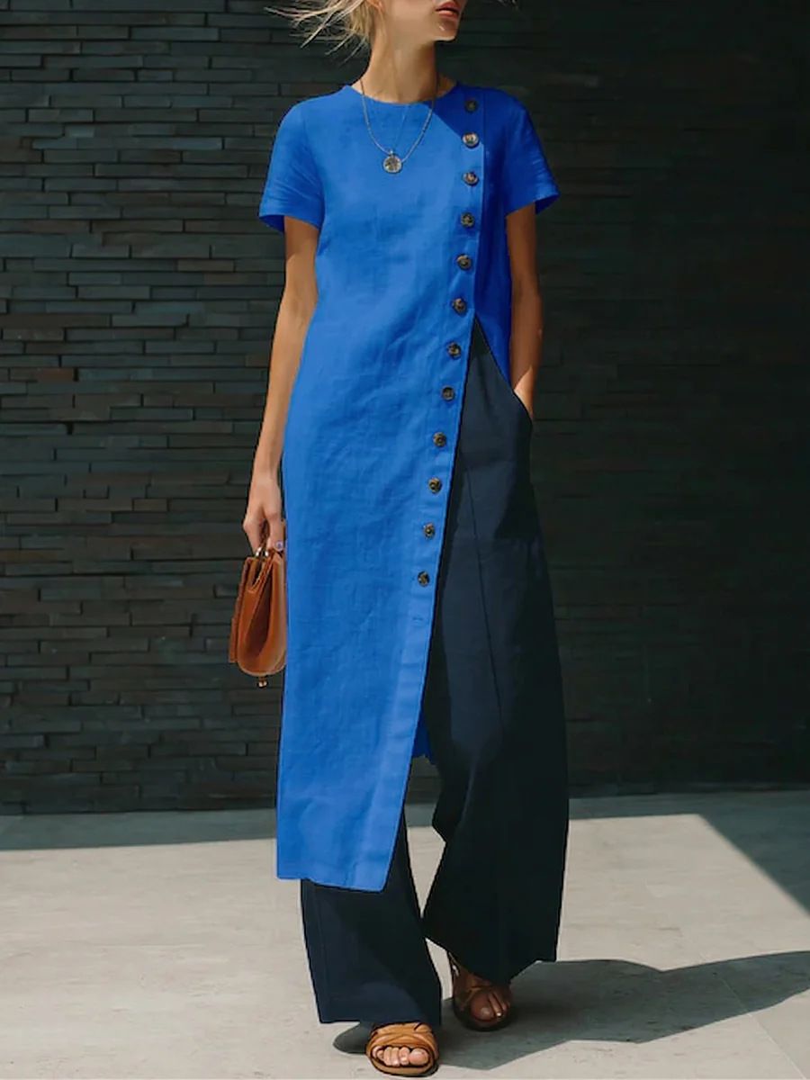 Women's Casual Fashion round Neck Split Button Short Sleeve Top mid Length Spring/Summer Tees Polyester Cotton_ecoleips.com
