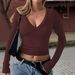 Voya Women's Retro Spicy Girl Wine Red V-neck Elastic Tight Fitting Top For Spring And Summer Long Sleeves, Slim Fit, Base Layer, And Layering_ecoleips.com