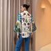 Women's Graffiti Print Cardigan Shirt Turn Down Collar Lantern Sleeve European American Style Personalized Clothing Top_ecoleips.com