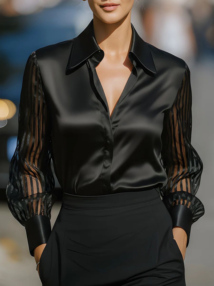 Elegant Satin Long Sleeve Blouse for Women V-Neck Pure Color Office Casual Wear Shirt Black White Navy Red S M L XL_ecoleips.com