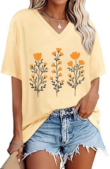 Oversized Tshirts For Women V Neck Graphic Tees Summer Casual Short Sleeve Basic Loose Tops 2026_ecoleips.com