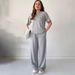 Women's Clothing New Solid Color Short Sleeved Top With Strap Pocket Straight Pants Suit_ecoleips.com