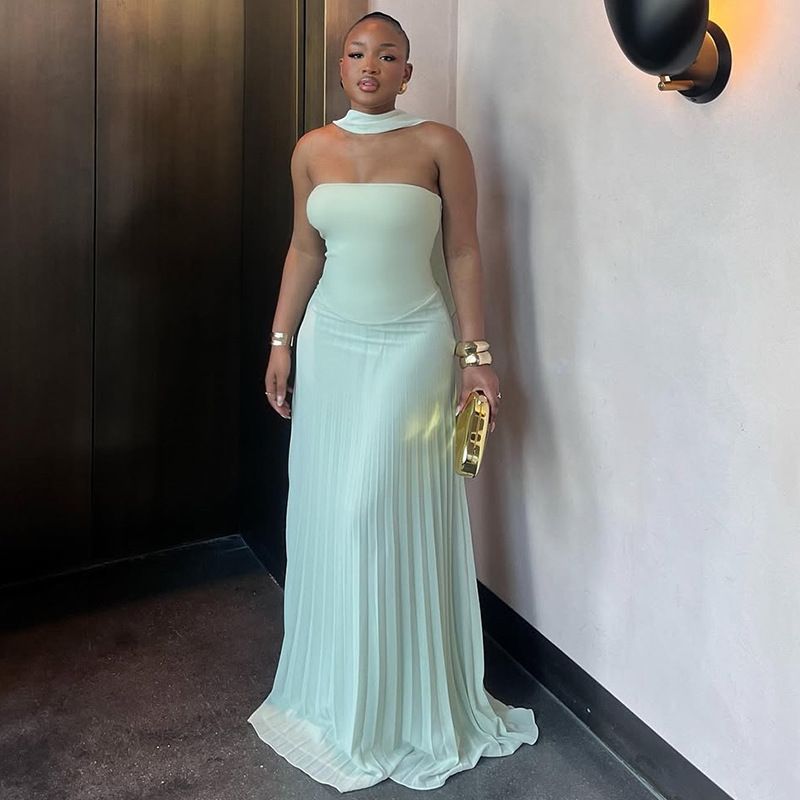 Women's Clothing Summer New Style Temperament Halter Neck Suspender Top High Waist Pleated Skirt Suit_ecoleips.com