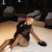 New Solid Color Fashion Fur Collar Trendy Lace Up Top Tight Stretch Trousers Suit_ecoleips.com