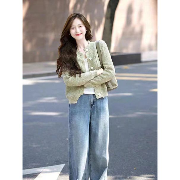Green Thin Frayed Edge Knitted Cardigan, Layered Over A Sweater, Korean-style Casual Early Autumn Outfit, High-end_ecoleips.com