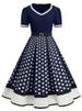 Black V-Neck Short Sleeve Vintage Pleated Dress With Belt Women 50s Polka Dot Party Sundress Robe Plus Size_ecoleips.com