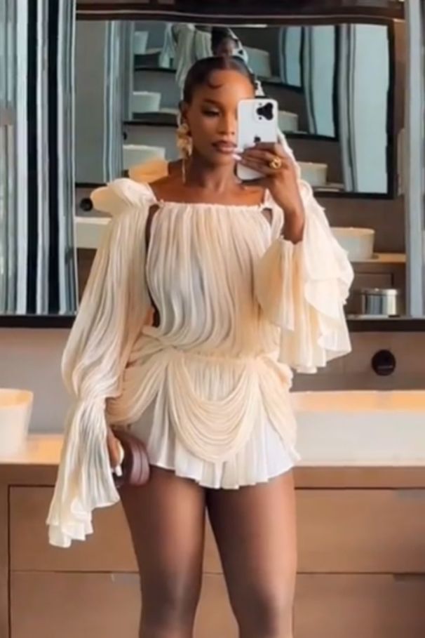 Solid Color Slim Short Dress One Shoulder Neckline Backless Ruffled Flare Sleeves Ruched Elegant Dress For Women Dating Party_ecoleips.com