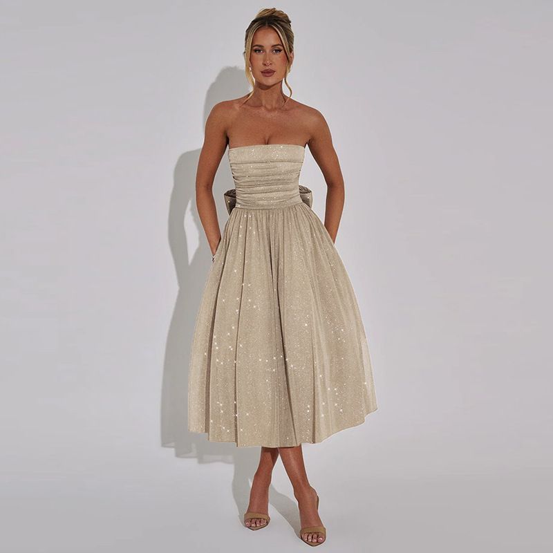 Women's Clothing Summer Elegant Sweet Spicy Solid Color Strapless Off Shoulder Party Cocktail Glitter Mesh Tight Waist Dress_ecoleips.com